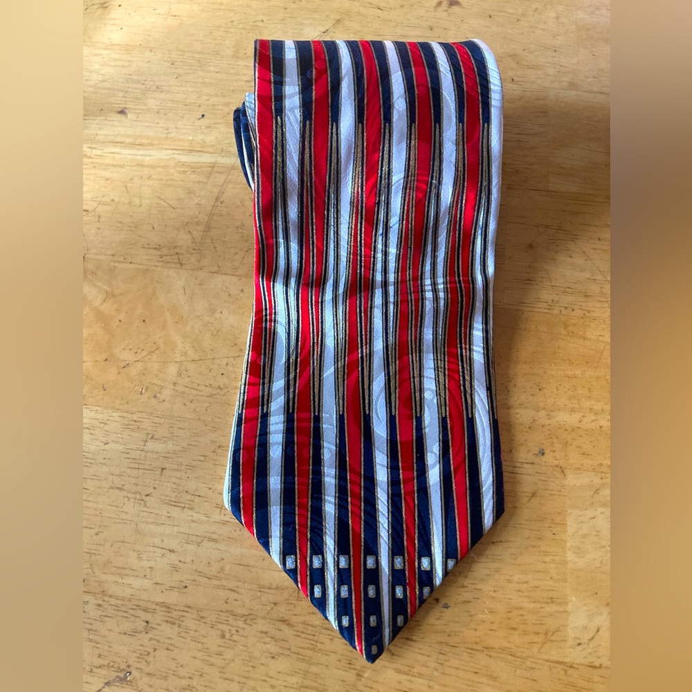 EMODA Men's 100% Silk Necktie ITALY Luxury Designer Striped Red/Blue/White /Gold